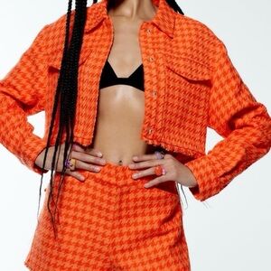 Zara - Vibrant Orange Houndstooth Jacket and Shorts Set - XS/S